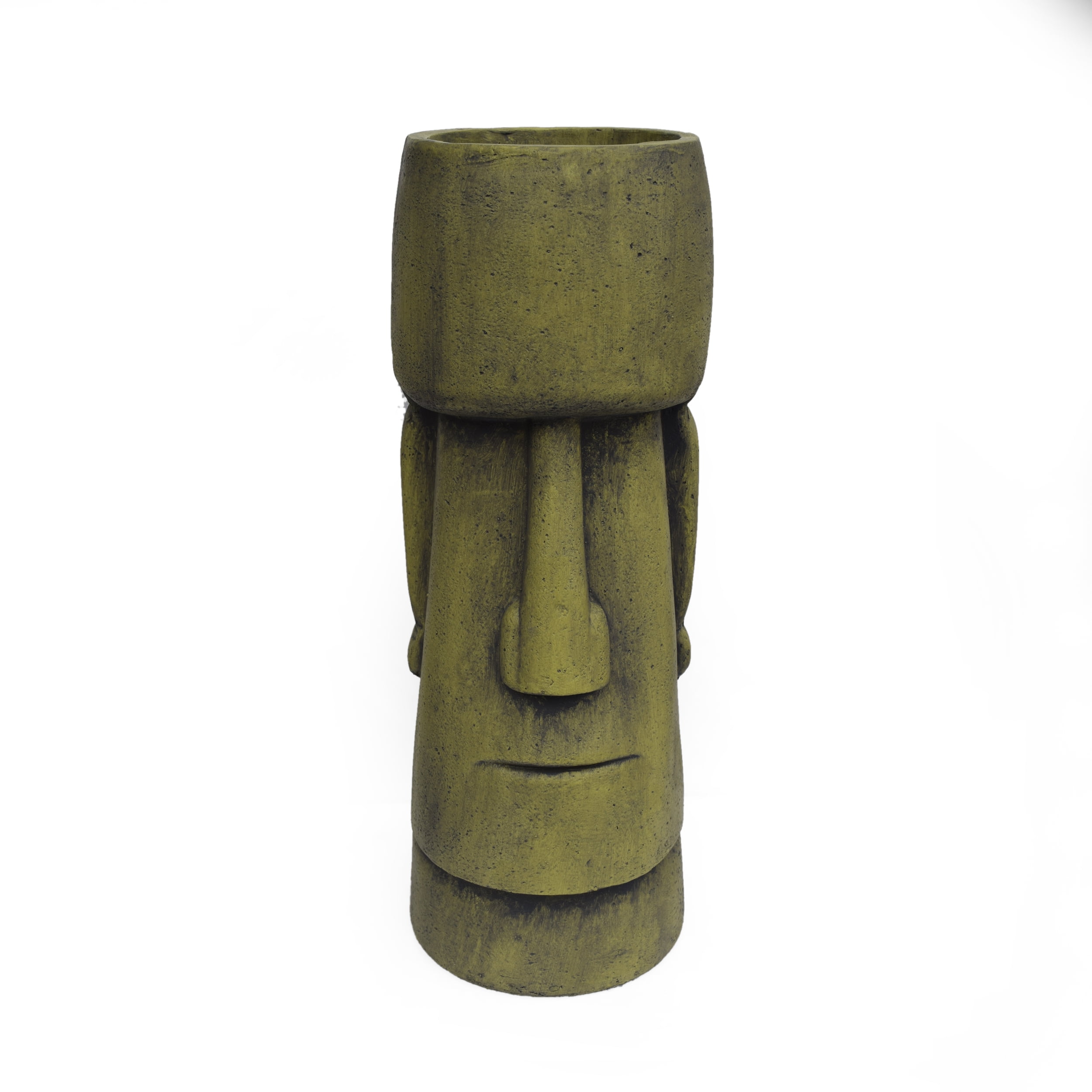 GDF Studio Cayton Outdoor Cast Stone Easter Island Tiki Urn Planter, Antique Green