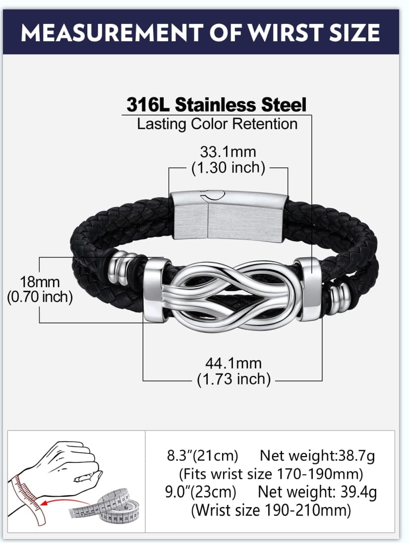 Bandmax 8.26'' Black Leather Bracelet for Men Infinity Knot Leather Cuff Love Link Bracelet Gift with Card for Your Man Boyfriend Valentine Father's Day Birthday