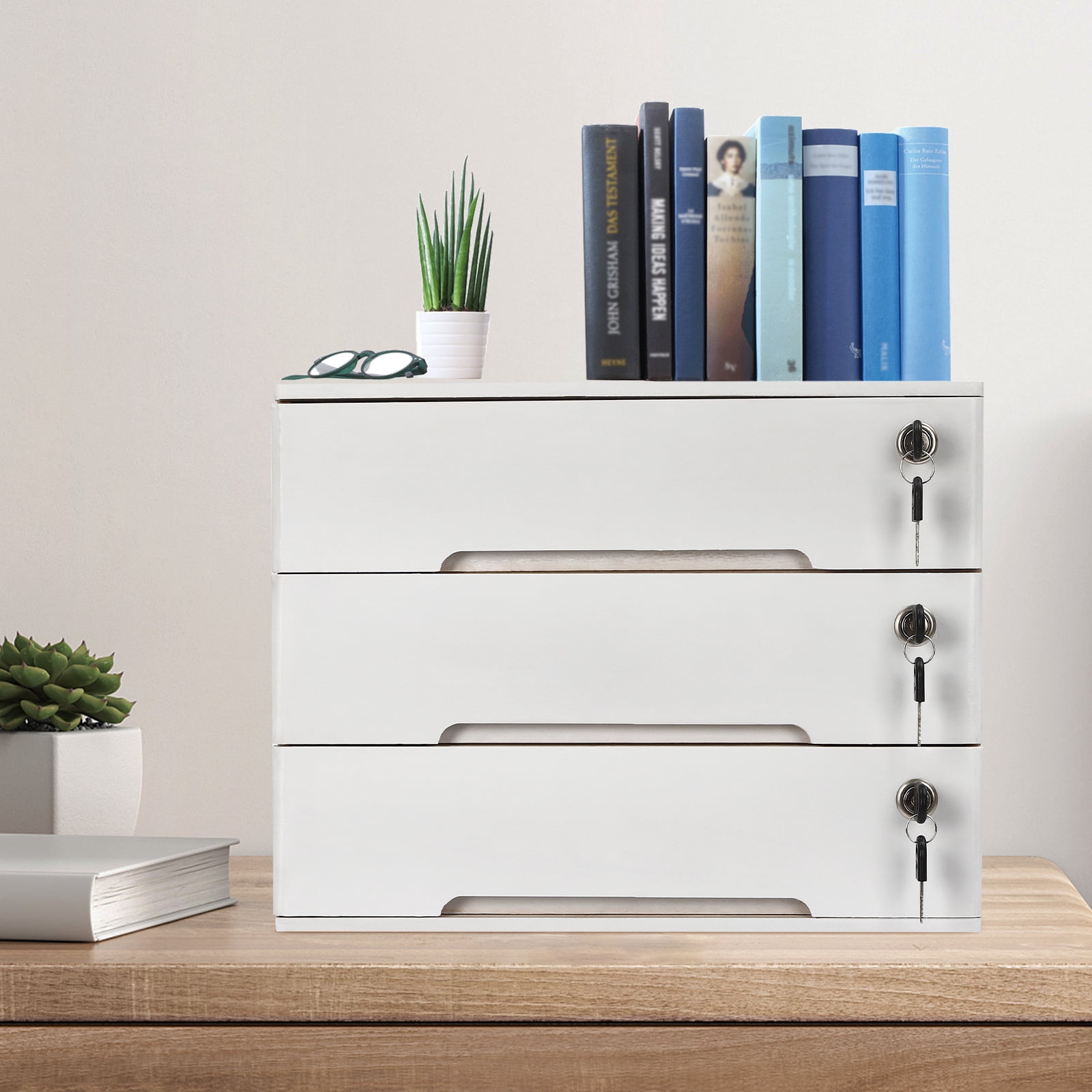 Wooden Desktop Storage Box with Lockable Drawers, Office Supplies File Organizer, Flat File Cabinet  Placed In The Office, Study, Dresser
