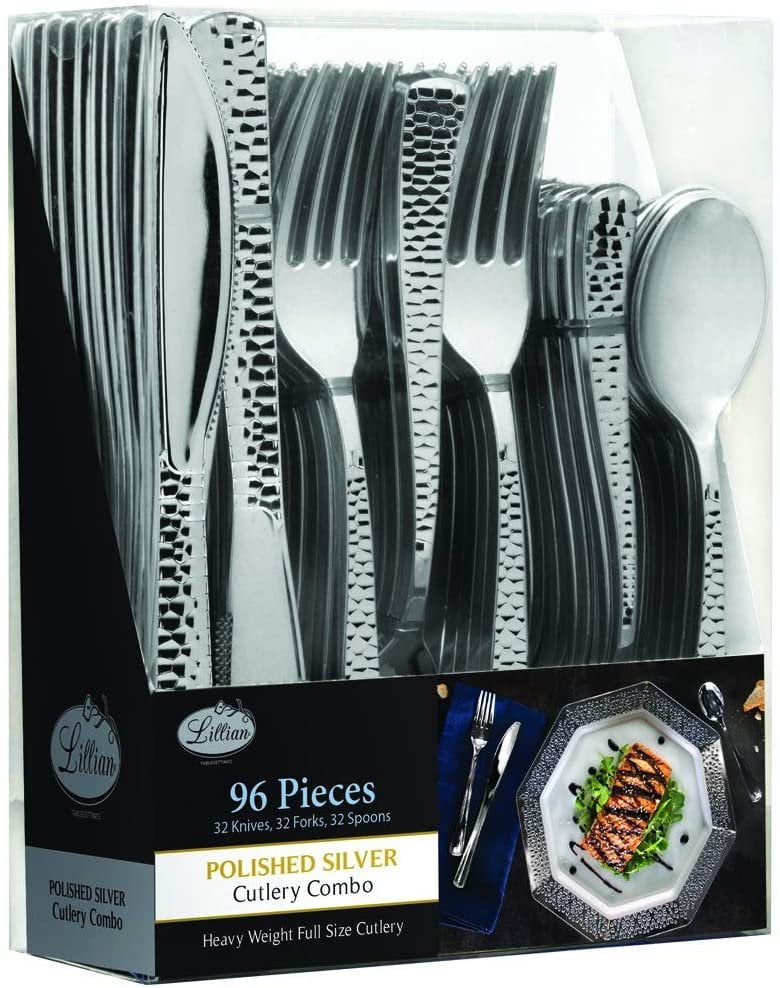 96 Pieces Silver Plastic Cutlery Silverware Extra Heavyweight