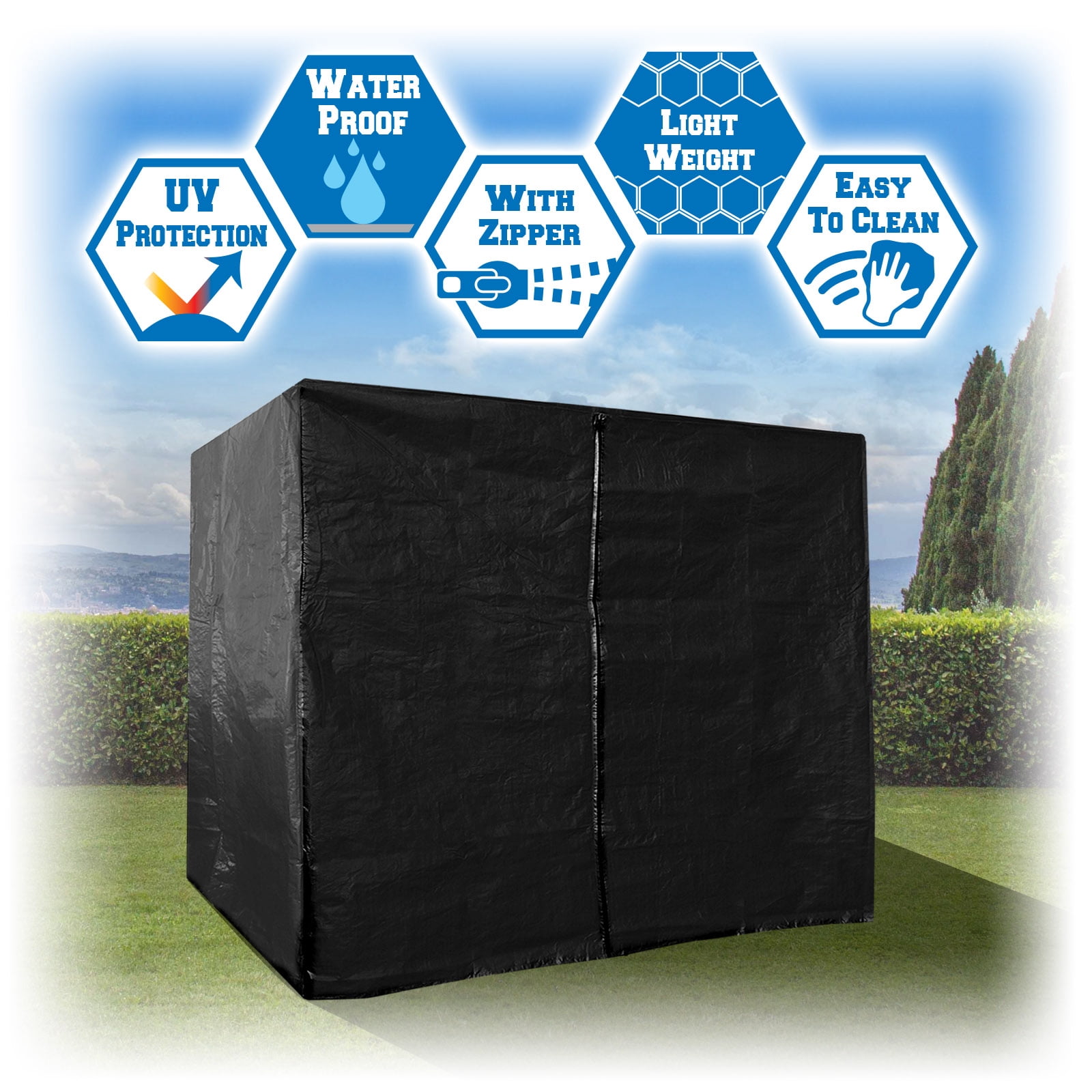Sunny 3 Seater Patio Canopy Swing Cover - Outdoor Furniture Porch Waterproof Protector Zipper Closure (Black)