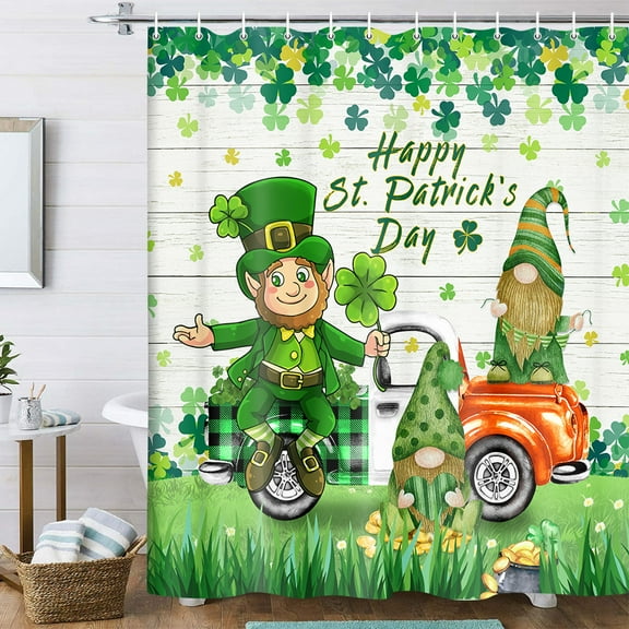 St. Patrick's Shower Curtain, St Patricks Day Leprechaun Funny Gnomes Irish Green Farmhouse Truck Bath Curtain, Spring Holiday Shamrocks Clover Leaves Fabric Shower Curtains, 72X72