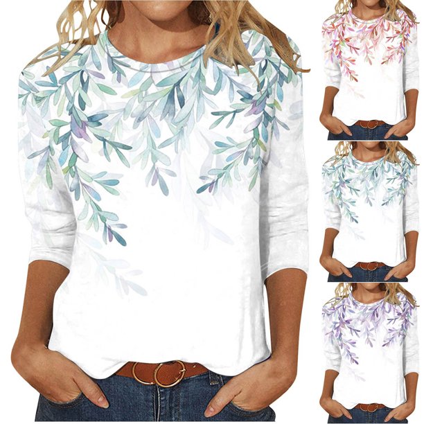 Fiudx Ofertas Flash Del Día Solo En Línea Camiseta Estampada a La Moda para Mujer, Blusa de Mangas 3/4, Tops Informales con Cuello Redondo