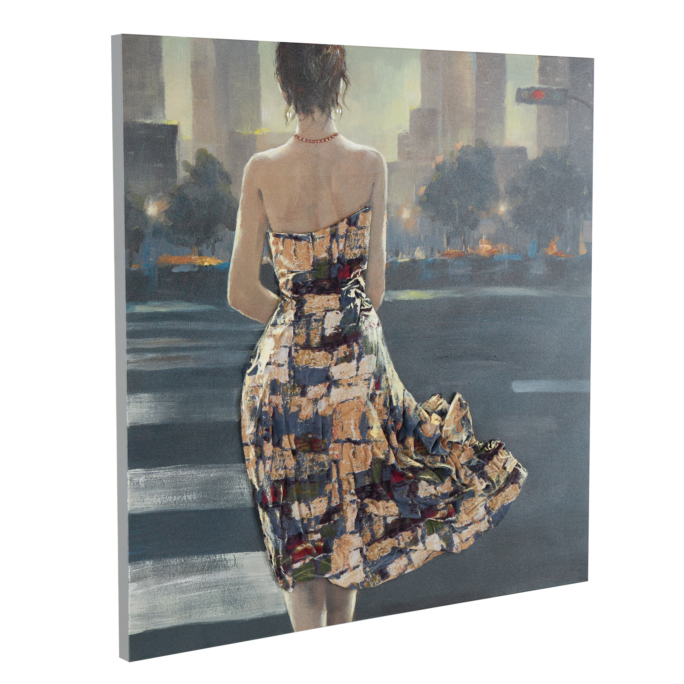 40" x 40" Unframed Woman Wall Art with 3D Multicolor Fabric Dress and Pink Necklace, by DecMode