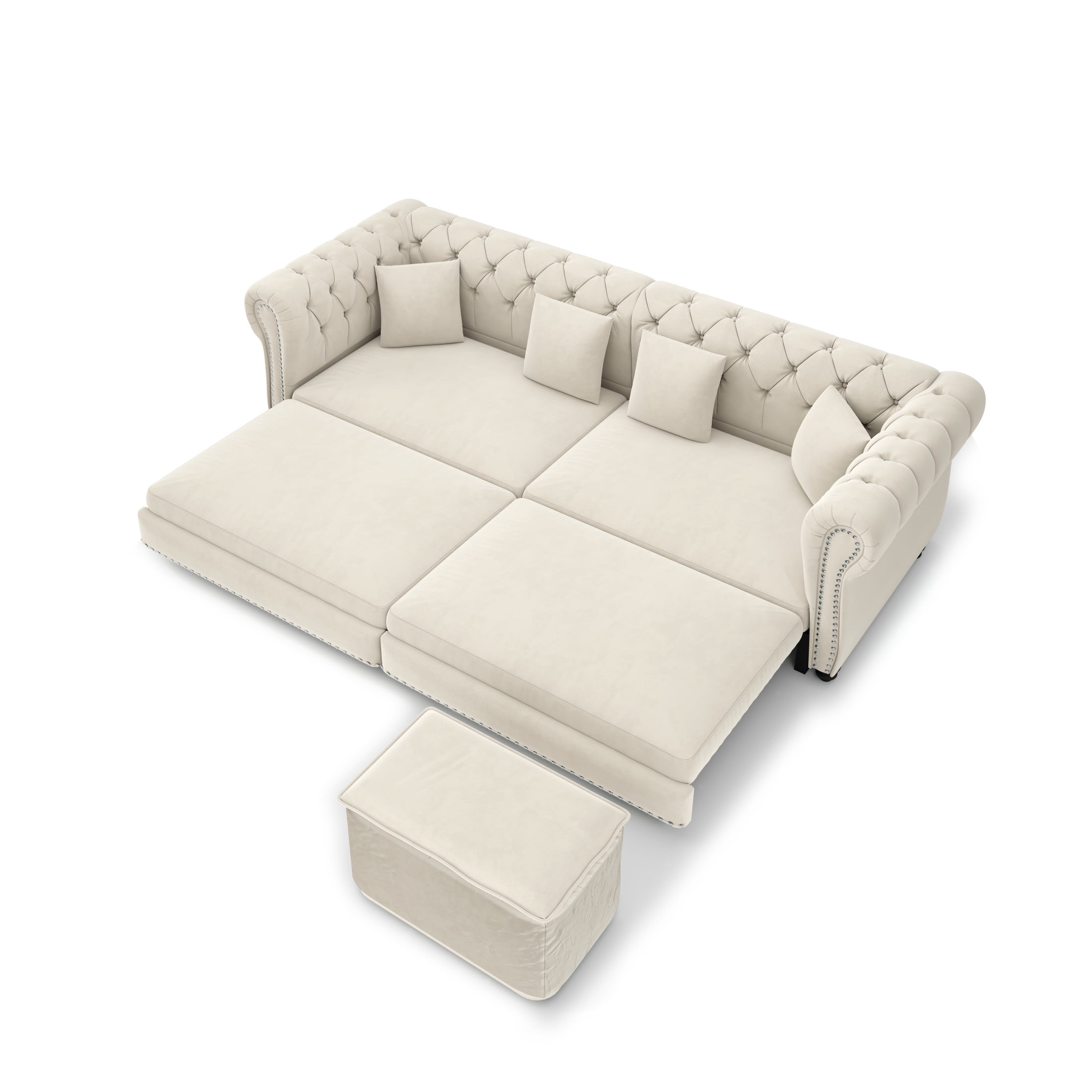 Noble House Ulwick Velvet Chesterfield Pull-Out Sofa Bed, 3-in-1 Convertible Sleeper Couch with Movable Ottoman, Beige White