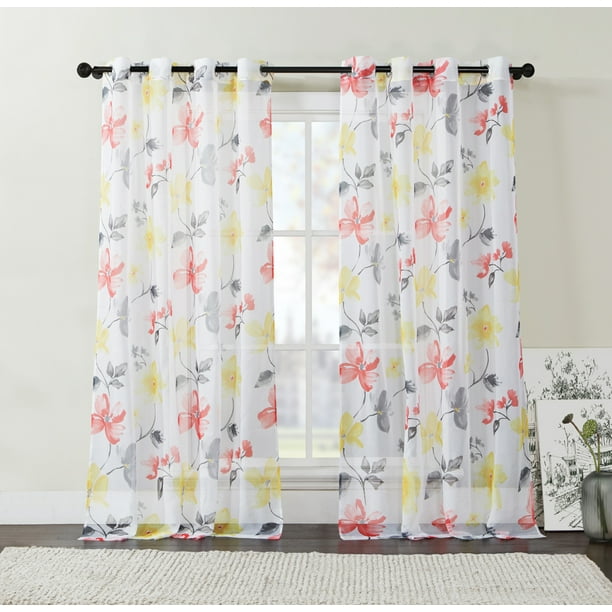 Two 2 Piece Sheer Grommet Window Curtain Panels Red Orange Gray And Yellow Floral Design 108 X 84 Walmart Com Walmart Com