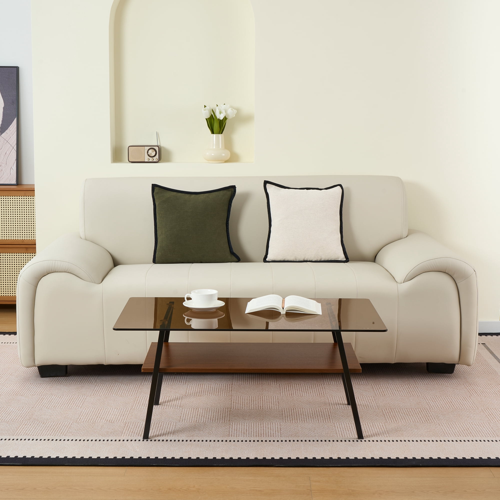 Euroco Rectangle Coffee Table, Tempered Glass Tabletop with Black Metal Legs, Modern Table for Living Room , Brown Glass