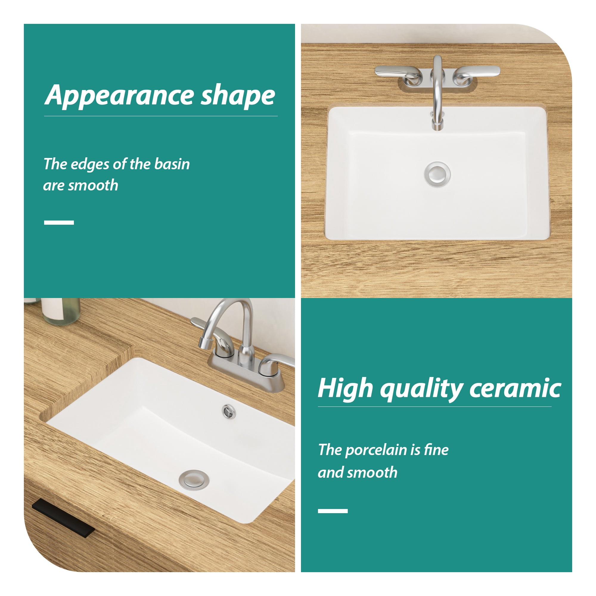 18"x12"×8.25" White Ceramic Rectangular Undermount Bathroom Sink with Overflow
