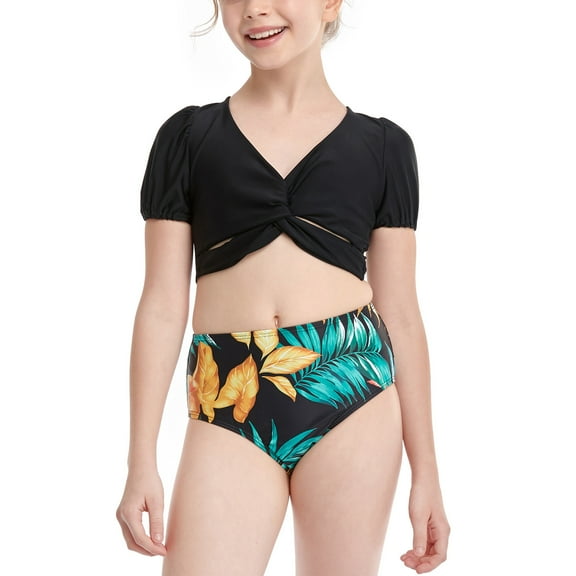 Fesfesfes Big Girls Bikini High Waist Children Swimwear Pringting Short Sleeve Bikini Sets Split Swimsuit