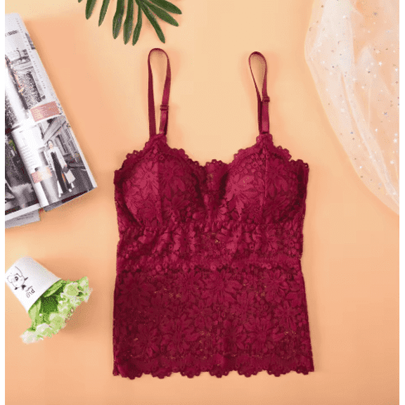 Women's Elegant Floral Lace Wireless Bralette – Padded, Comfortable, & Sexy Camisole Style , Burgundy