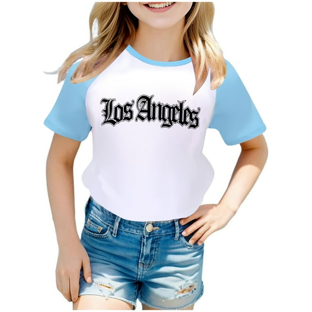 TIEVOSA T-Shirt à Manches Courtes Raglan Imprimé Ville pour Garçons et Filles 3422 pour 6-7 Ans (Bleu Clair)
