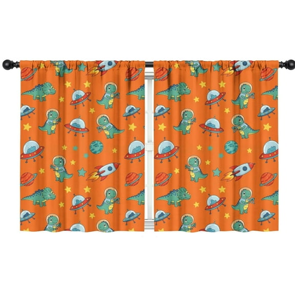 Blackout Kids Curtains,Orange Cartoon Dinosaurs Rockets Planets Pattern Childrens Insulated Curtains Set Of 2,Bedroom Essentials,Toddler Room Decor 42"x54"