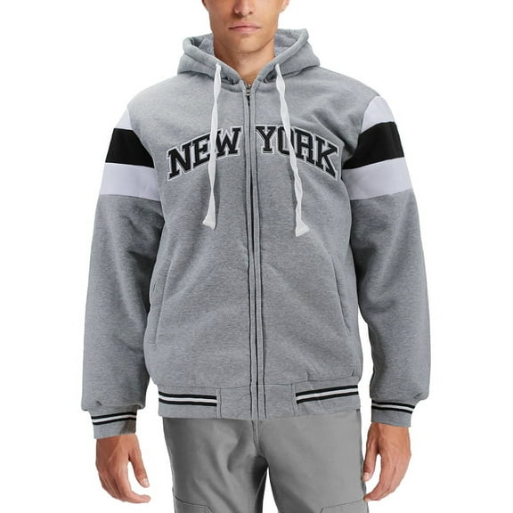 Men's Athletic New York Varsity Sherpa Fleece Lined NYC Zip Up Hoodie Jacket (Heather Grey, S)