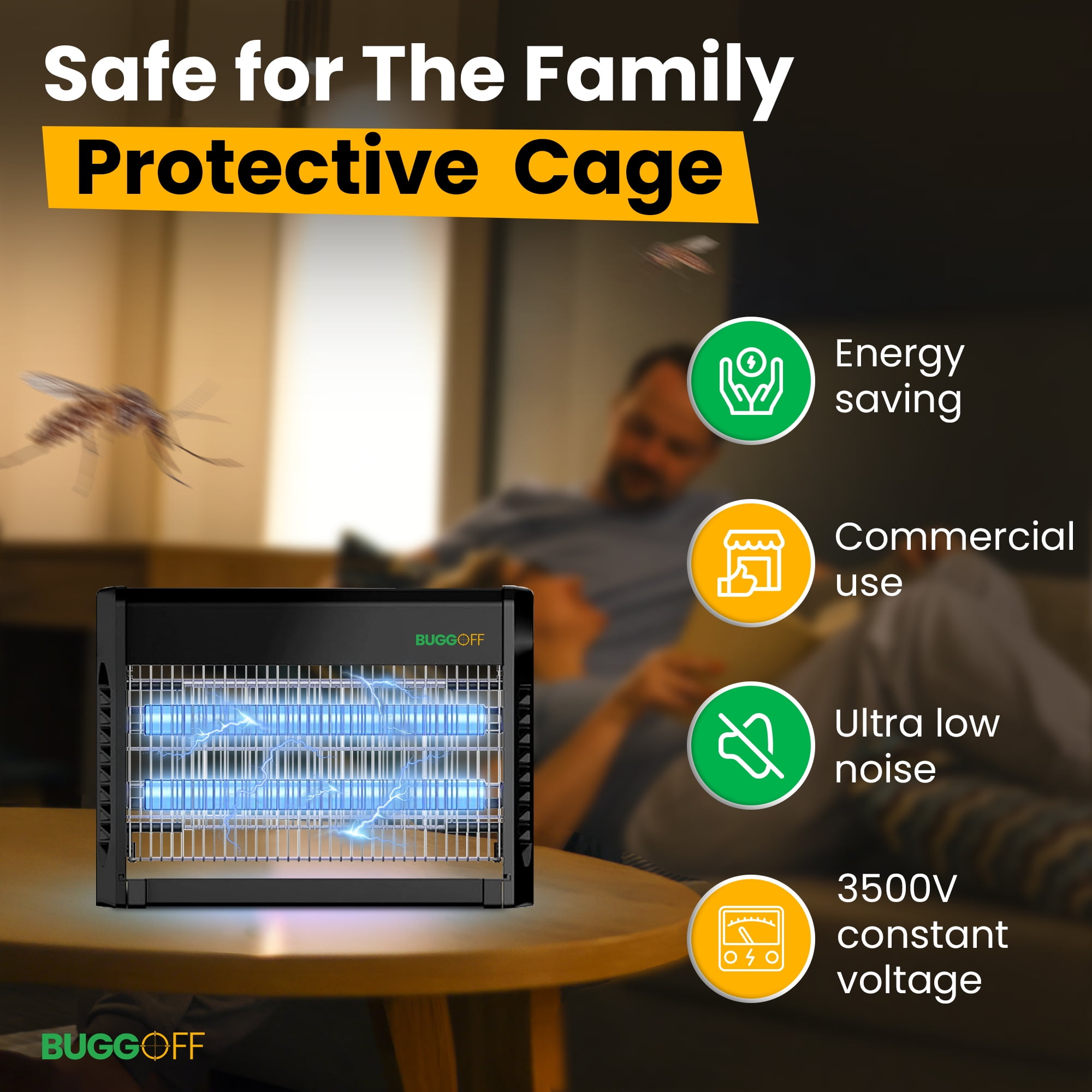 BUGGOFF Indoor Electric Bug Zapper, 2000 SQFT Coverage, 3500 Volts of Stunning Power, 40 Watts, Kills Mosquitos Gnats, Flys & More. 10 Year Warranty, X2 Free Replacement Bulbs