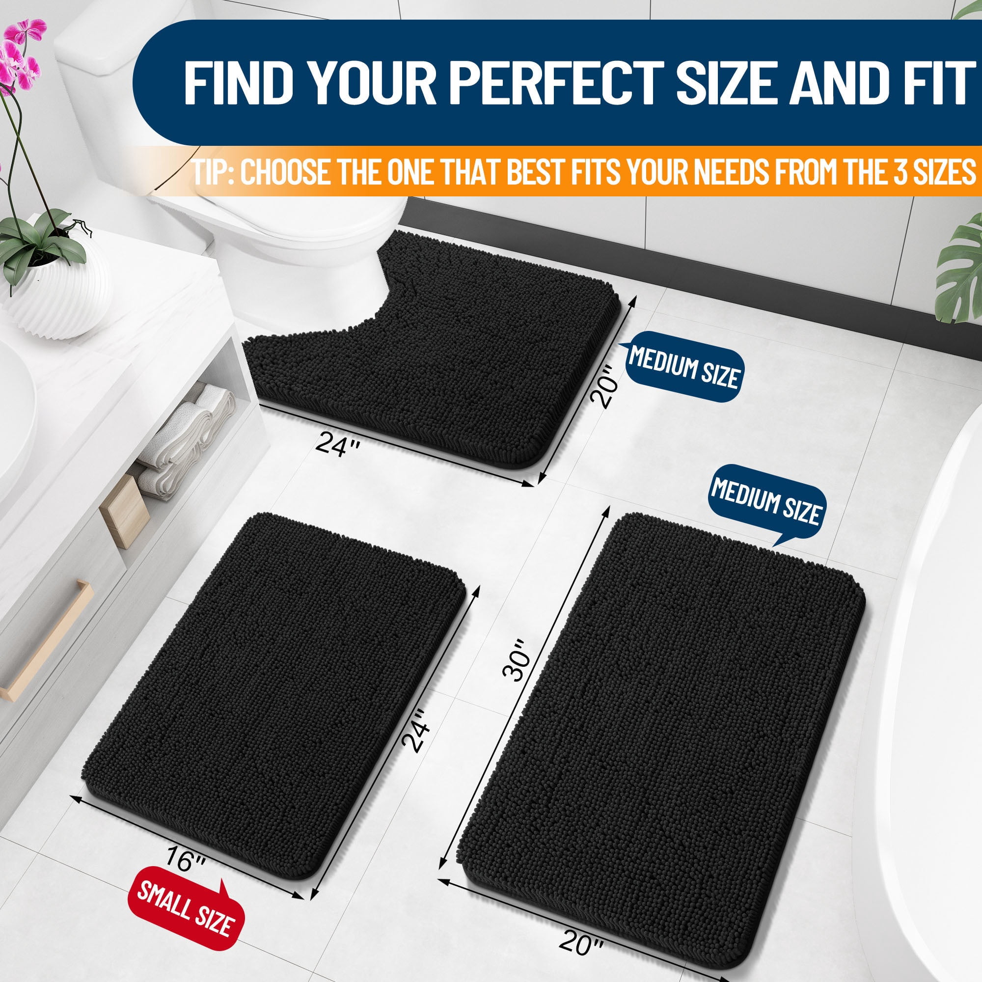 Buganda Bathroom Rugs 34x21, Quick Dry Machine Washable Chenille Bath Mats with Rubber Backing, Black