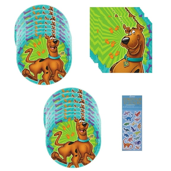 Scooby Birthday Supplies Bundle includes 16 Paper Plates 7", 16 Paper Napkins 5", 1 Dinosaur Sticker Sheet