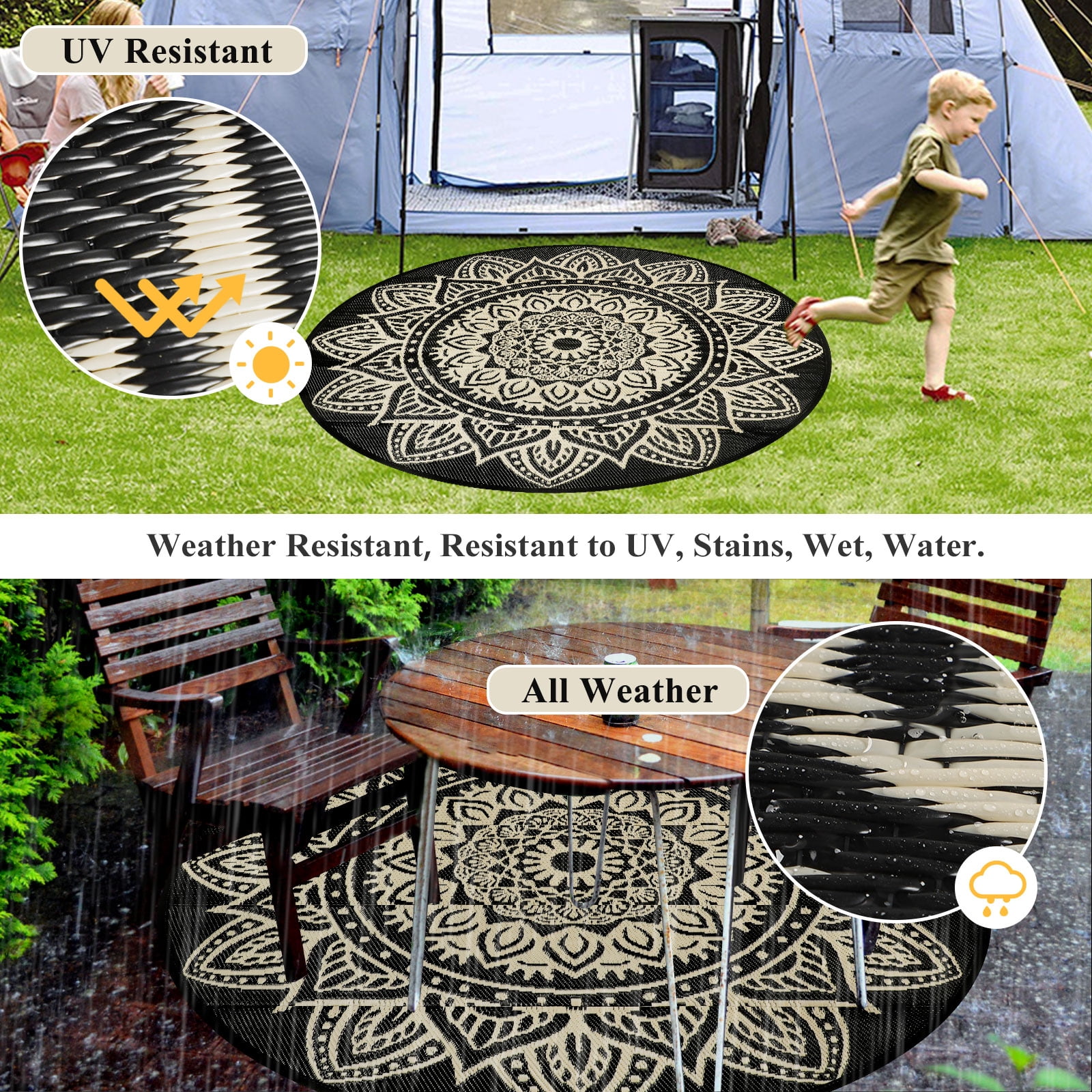 Aonewoe Round Outdoor Rugs 6ft Waterproof Patio Plastic Straw Rug Reversible Camping Carpet Indoor Outdoor Area Rug for Patio,Deck,Balcony,Picnic,Beach,Outside