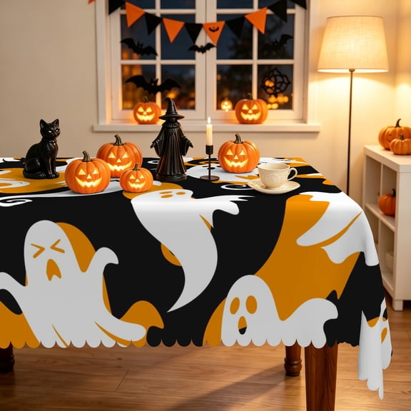 Duangreer Halloween Rectangle Tablecloth, Orange Scary Ghost Print, Washable Table Cover for Party Picnic Indoor Outdoor Decor, 60 x 84 Inch