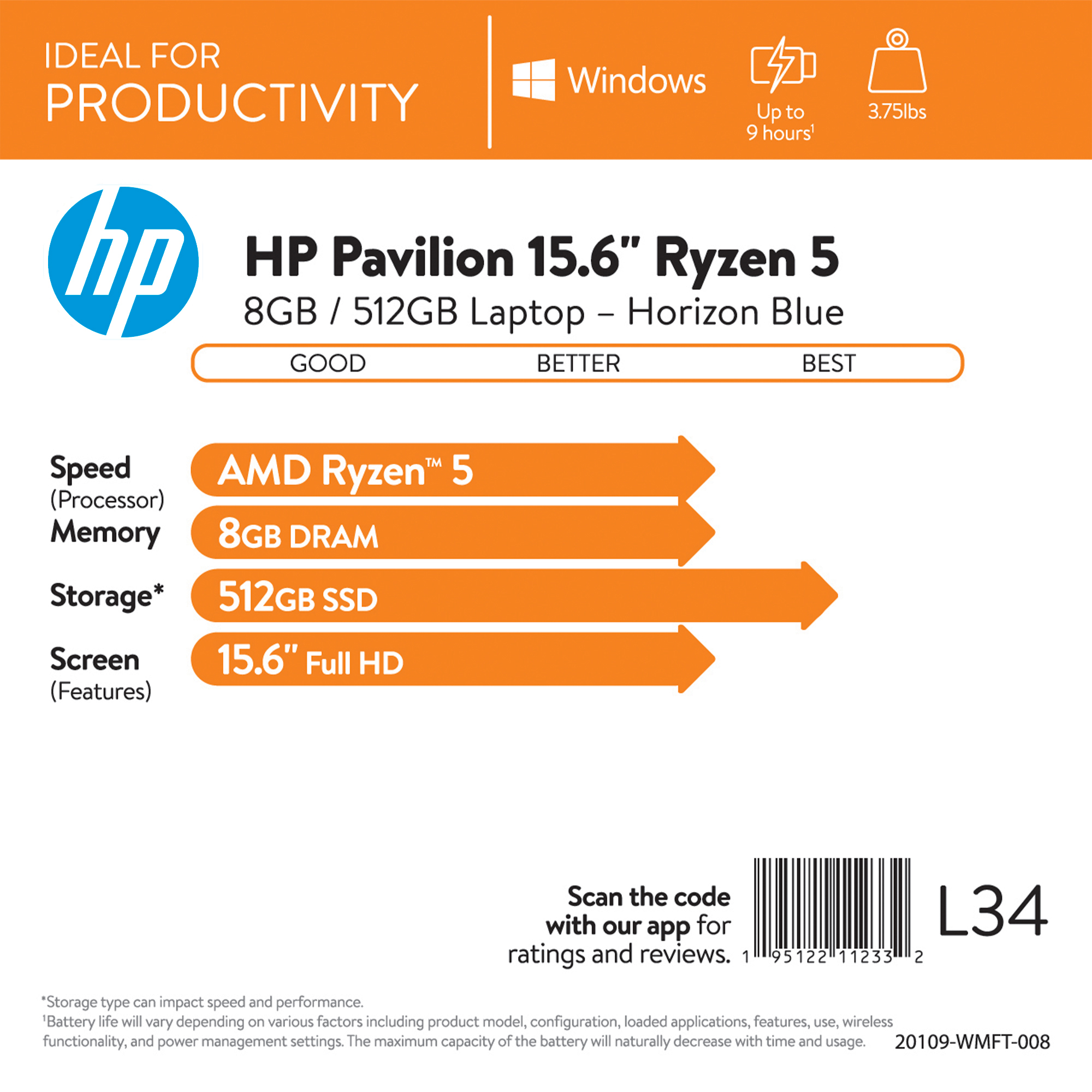 HP Pavilion 15.6" FHD, AMD Ryzen 5-4500U, 8GB RAM, 512GB SSD, Horizon Blue, Windows 10, 15-eh0050wm - image 2 of 9