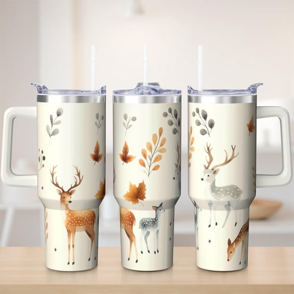 Deer tumbler 40 oz tumbler with handle and straw 304 stainless steel travel cup coffee mug water bottle suitable as a gifts for women gift for deer lovers