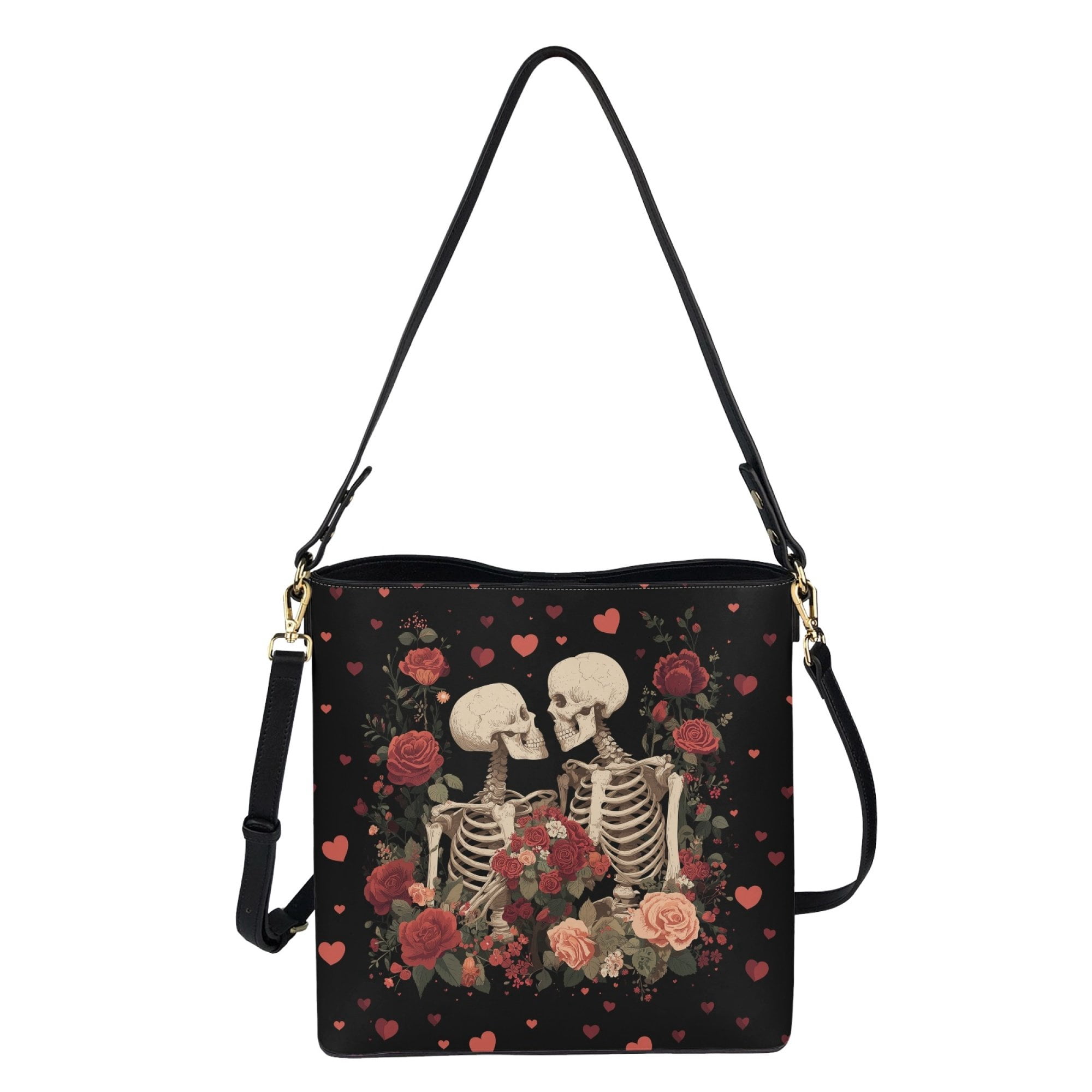 Kuiaobaty Skeleton Rose Print Bucket Bag for Women Lightweight Leather Shoulder Handbag with Adjustable Strap Roomy Casual Hobo Satchel Purse for Valentine's Day Black