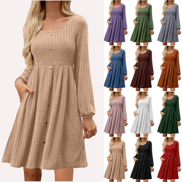 Robes d'Automne à Manches Longues pour Femmes avec Poches, Col en V, Boutons, Décontractées, Robe Chandail en Tricot Badydoll 2025 Ndbuld, Kaki, 2TG