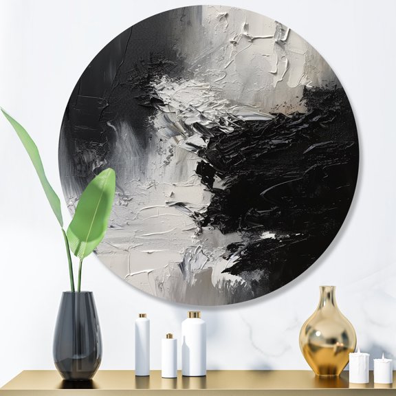 Designart "Delicate Brushstrokes Black and White II" Abstract Marble Metal Round Wall Decor