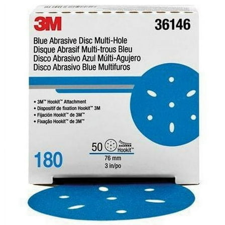 3M 36146 Hookit Blue Sandpaper 3" Disc - 180 Grade Multi-Hole, 50/Bx