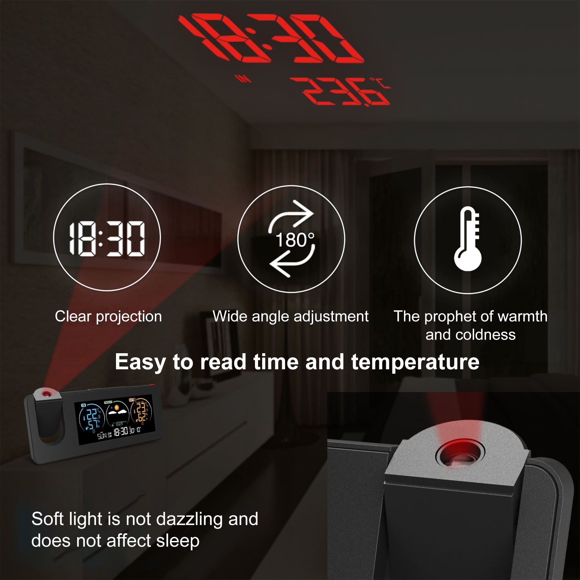 INSMART Projection Alarm Clock with Weather Forecast & Snooze,Dual Alarms, 180° Adjustable Projector, Wireless Sensors, Humidity & Temp Display, USB Charger, Battery Backup – Ideal for Bedrooms