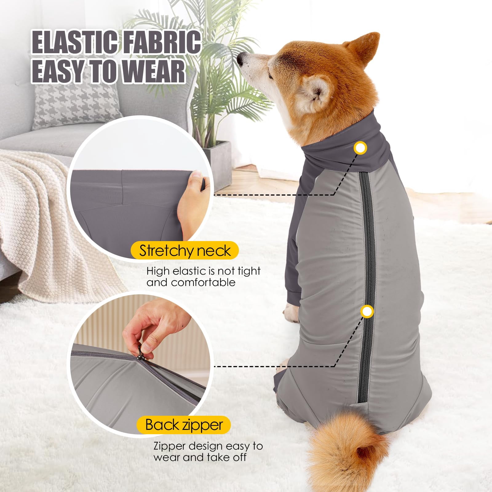 Dog Recovery Suit with Zipper, Dog Shedding Suit Onesie, After Surgery Dog Shirt, E Collar Alternative Anxiety Calming Shirt for Small Medium Large Dog Gray XL