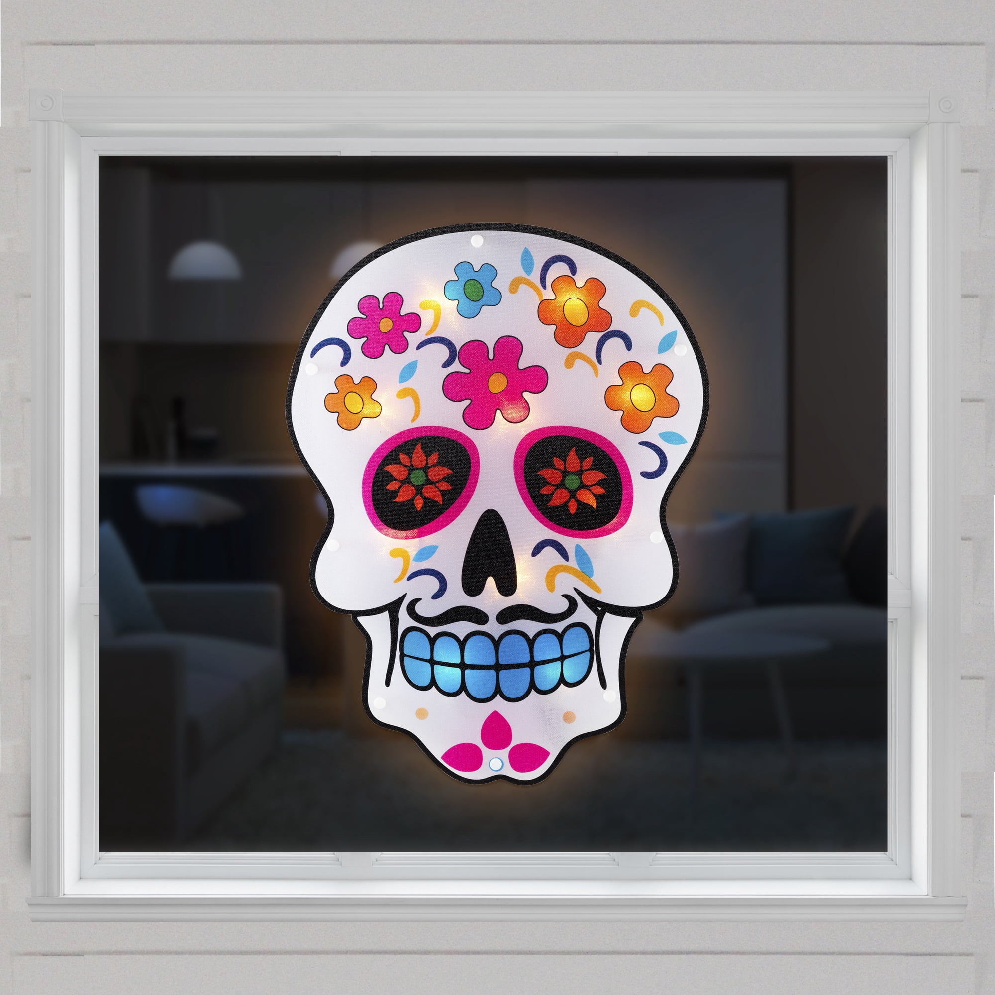15" Lighted Sugar Skull Halloween Window Silhouette Decoration