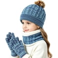 thumbnail image 5 of hengsof Kids Winter Knit Beanie Hat Scarf Gloves Set for Girls Boys Warm Thick Fleece Lined Cap with Pompom Mittens Neck Warmer, 5 of 5
