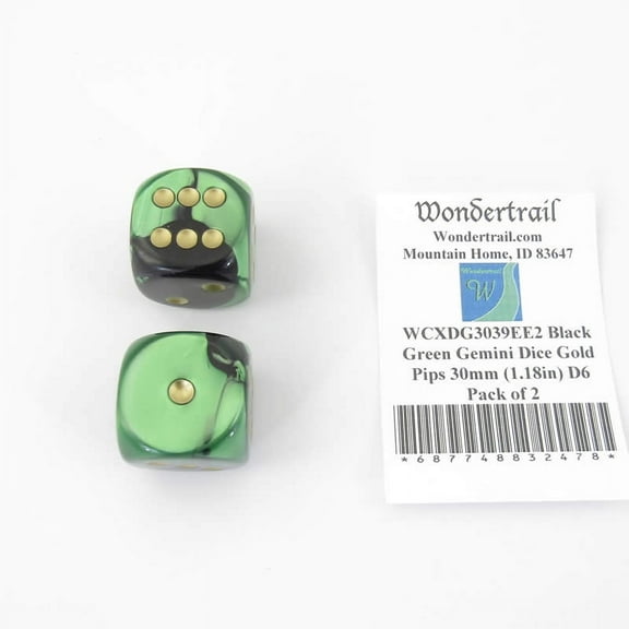 Black and Green Gemini Dice with Gold Pips 30mm (1.18in) D6 Pack of 2 Wondertrail
