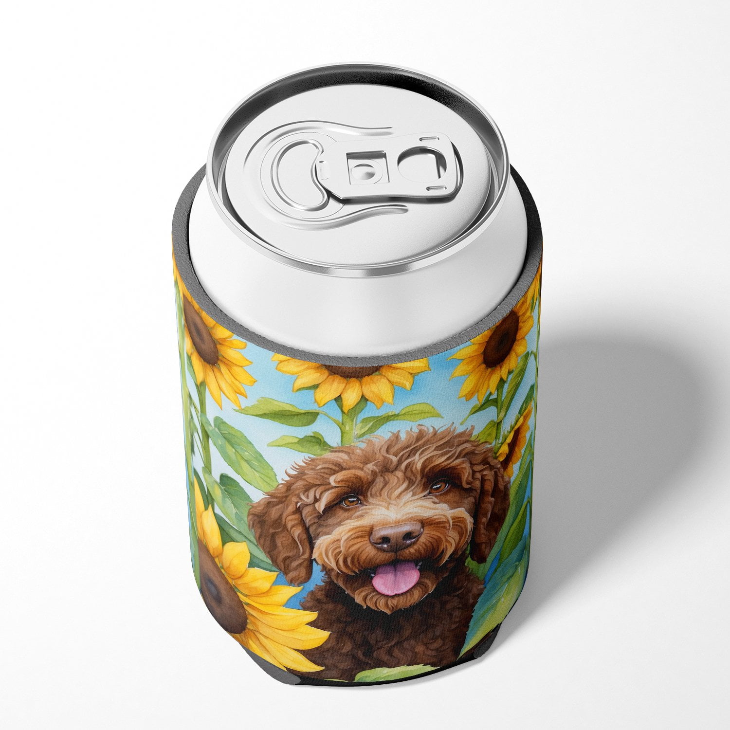 Labradoodle in Sunflowers Can or Bottle Hugger 3 in x 5 in