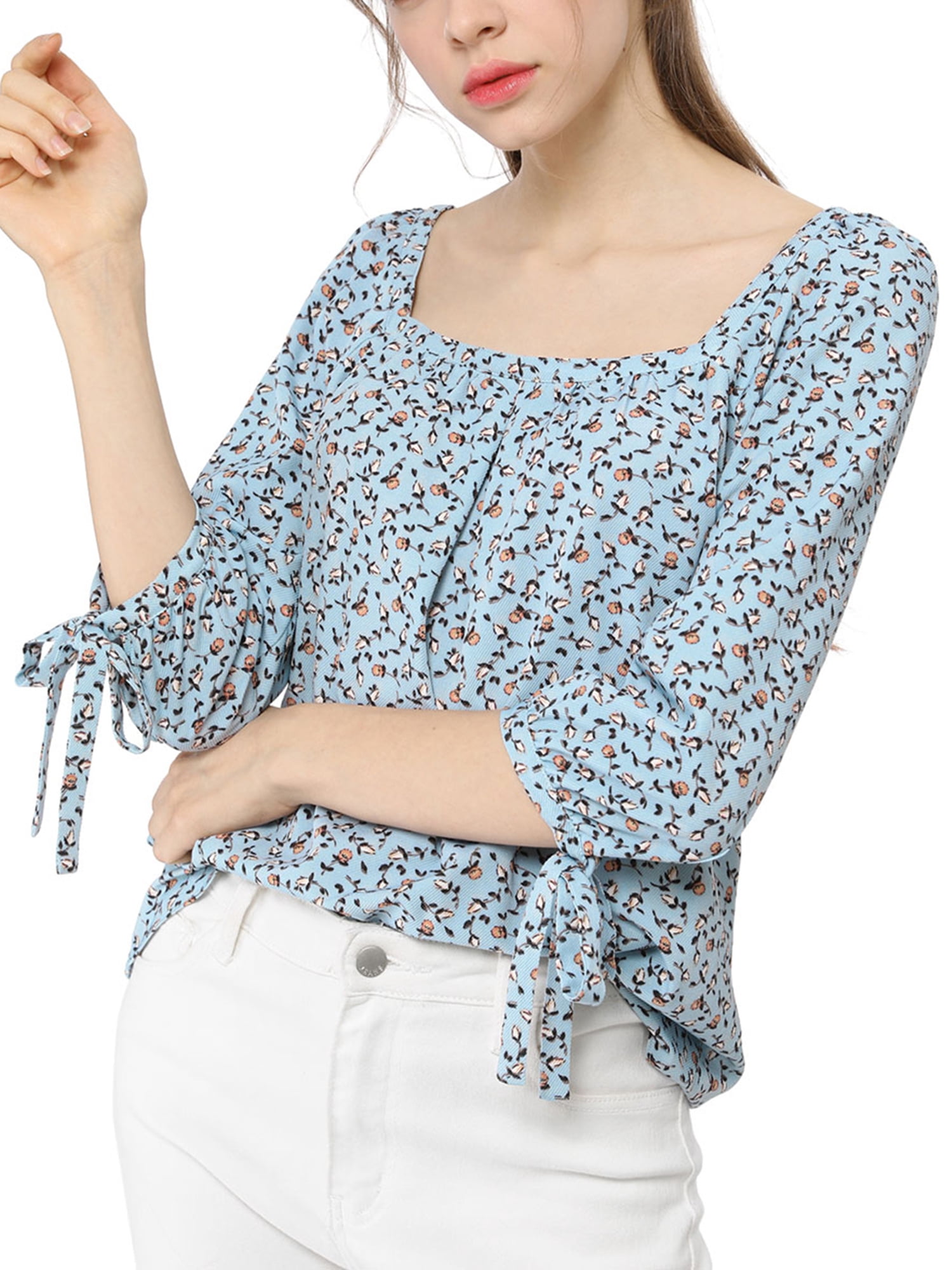 Women's Floral Tie Cuffs 3/4 Sleeves Square Neck Blouse