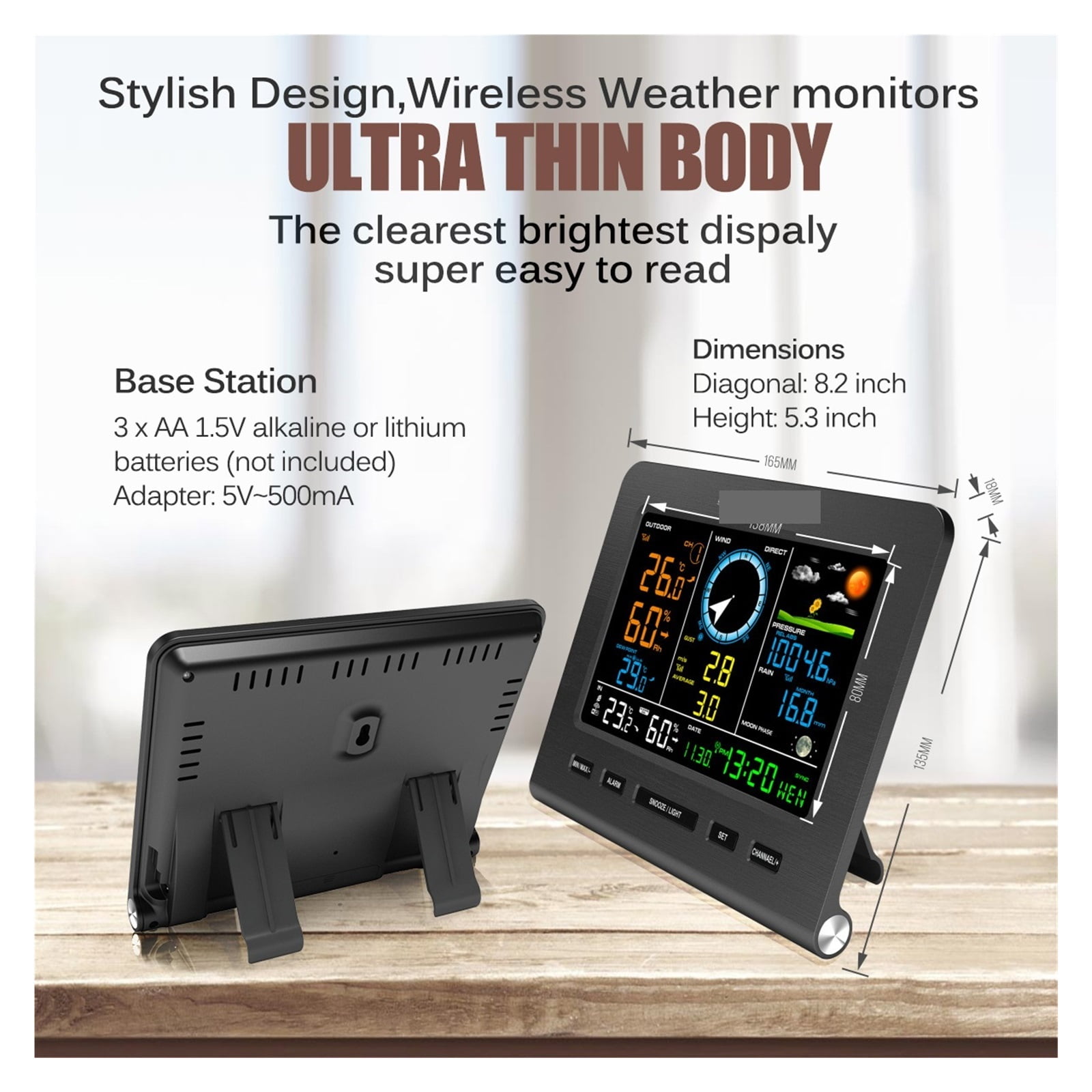 Internet Wireless Weather Station Weather Forecast Temperature Pressure Humidity Wind Gauge Rain Gauge Moon Phrase Alarm Clock ,Easy to Install