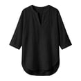 thumbnail image 4 of YVNAURA Womens Loose Fit Summer Shirt Breathable Cotton Linen Top Short Sleeve V Neck Blouse Casual Everyday Essential Tops Beach Vacation Work Office Wear, Black,L, 4 of 8