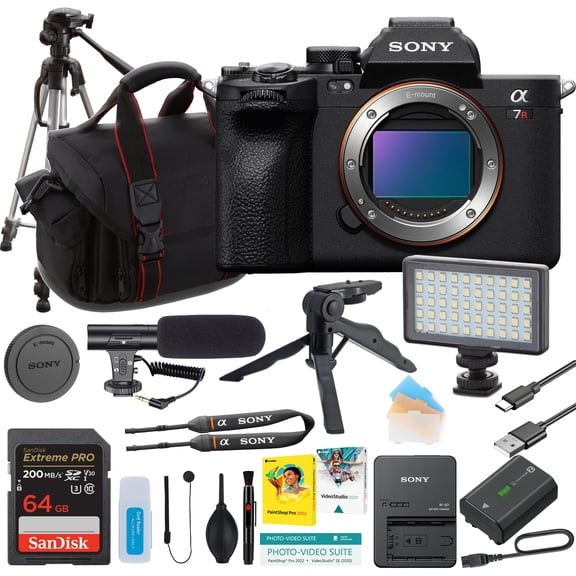 Sony a7R V Mirrorless Camera (Body Only) 64GB Memory, LED Light, Shotgun Mic, Case & Tripods (International Version, No Manufacturer Warranty)