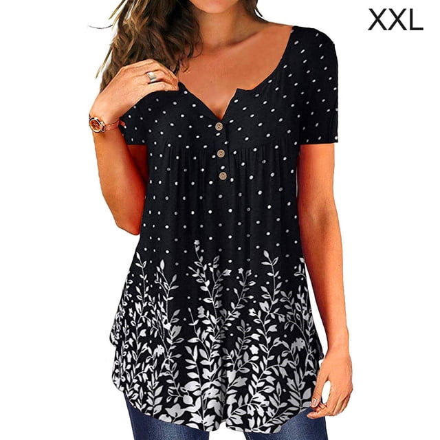 Camiseta de mujer Blusa casual Cuello en V Manga corta Botón Top, Starry, XXL AweSitey AP001374-15
