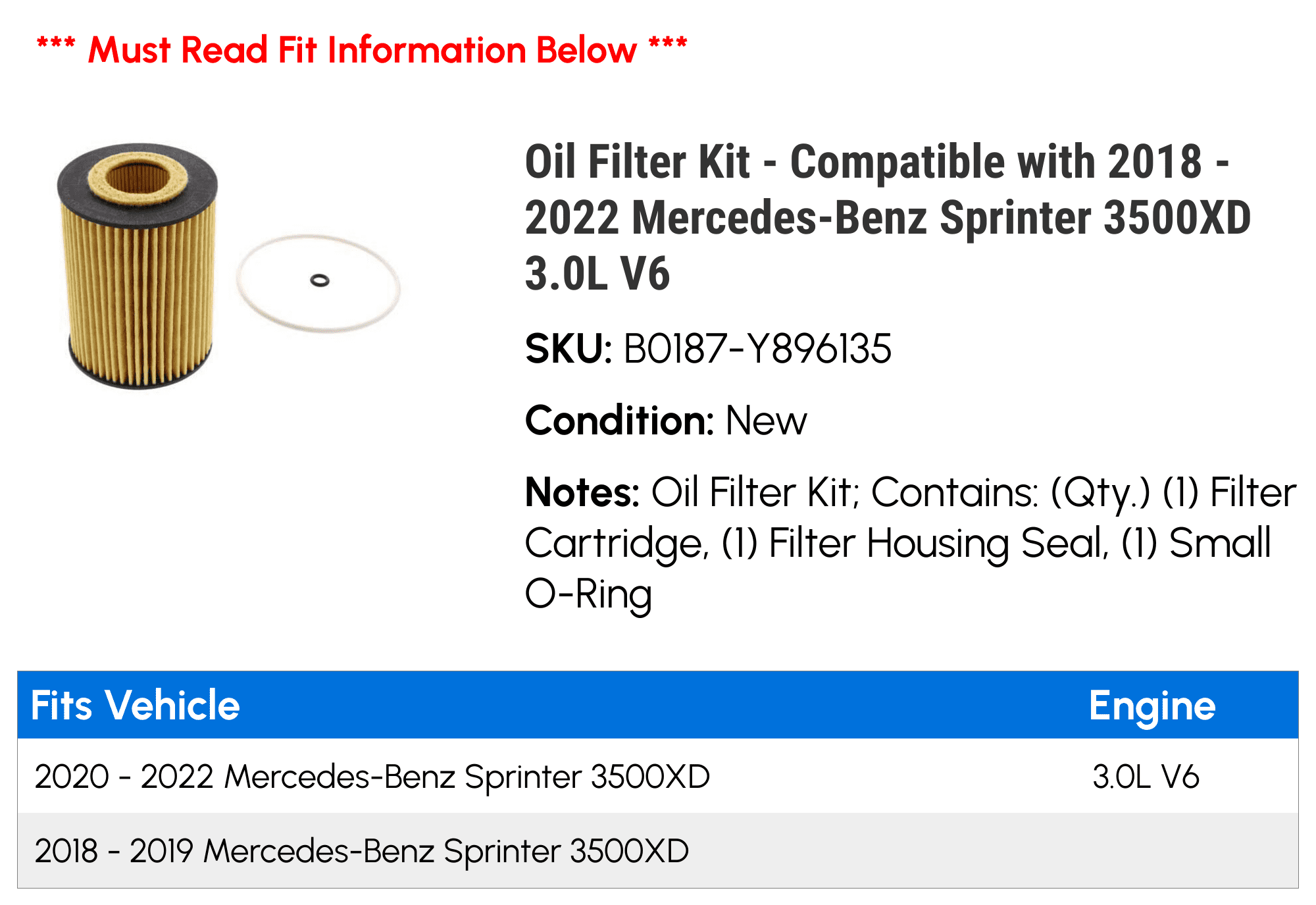 Oil Filter Kit Compatible with 2018 2022 Mercedes-Benz Sprinter 3500XD  3.0L V6 2019 2020 2021
