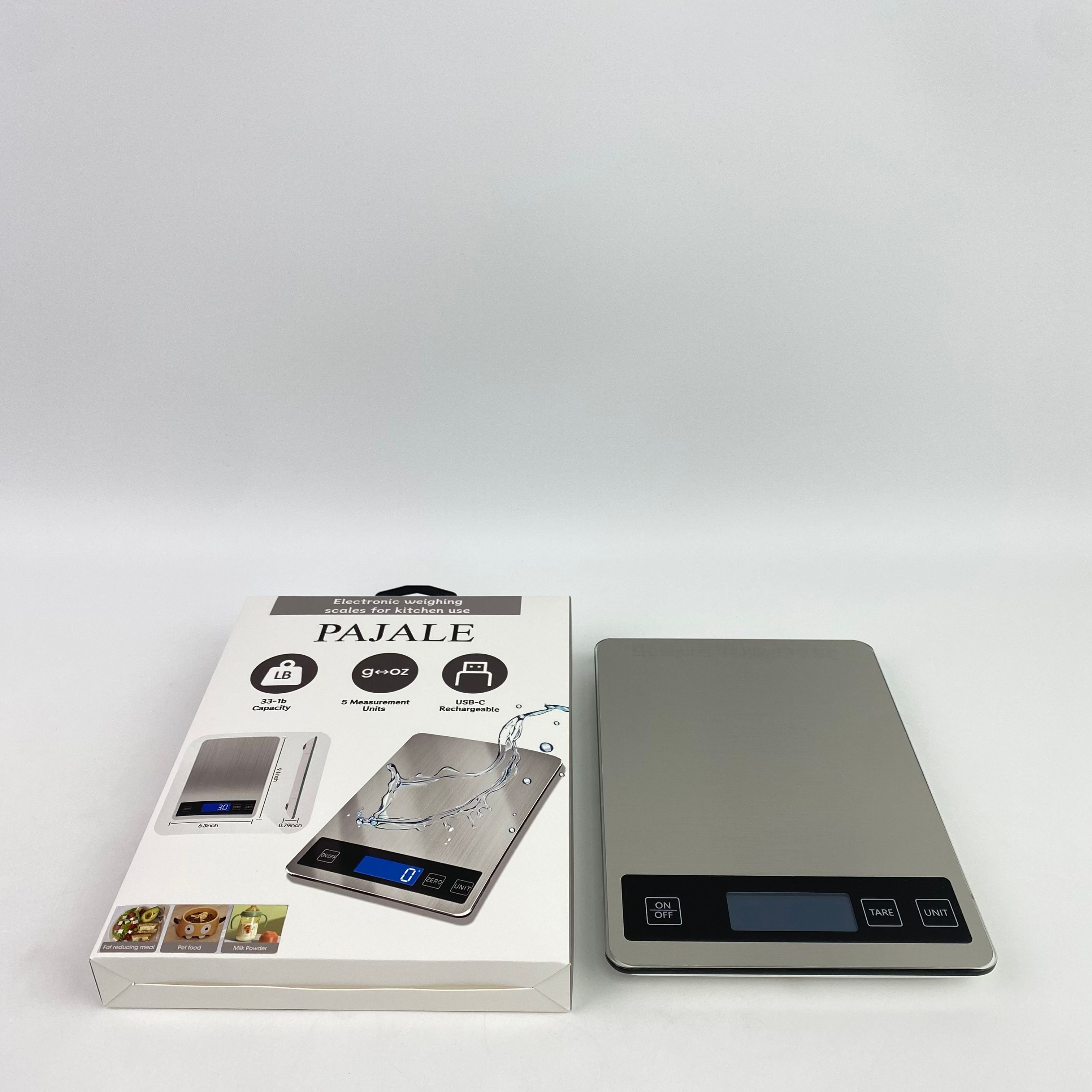 PAJALE Electronic weighing scales for kitchen use,33lb Food Scale, Digital Kitchen Scale Batteries and USB Charging,1g/0.05oz Precise Graduation (Stainless Steel)