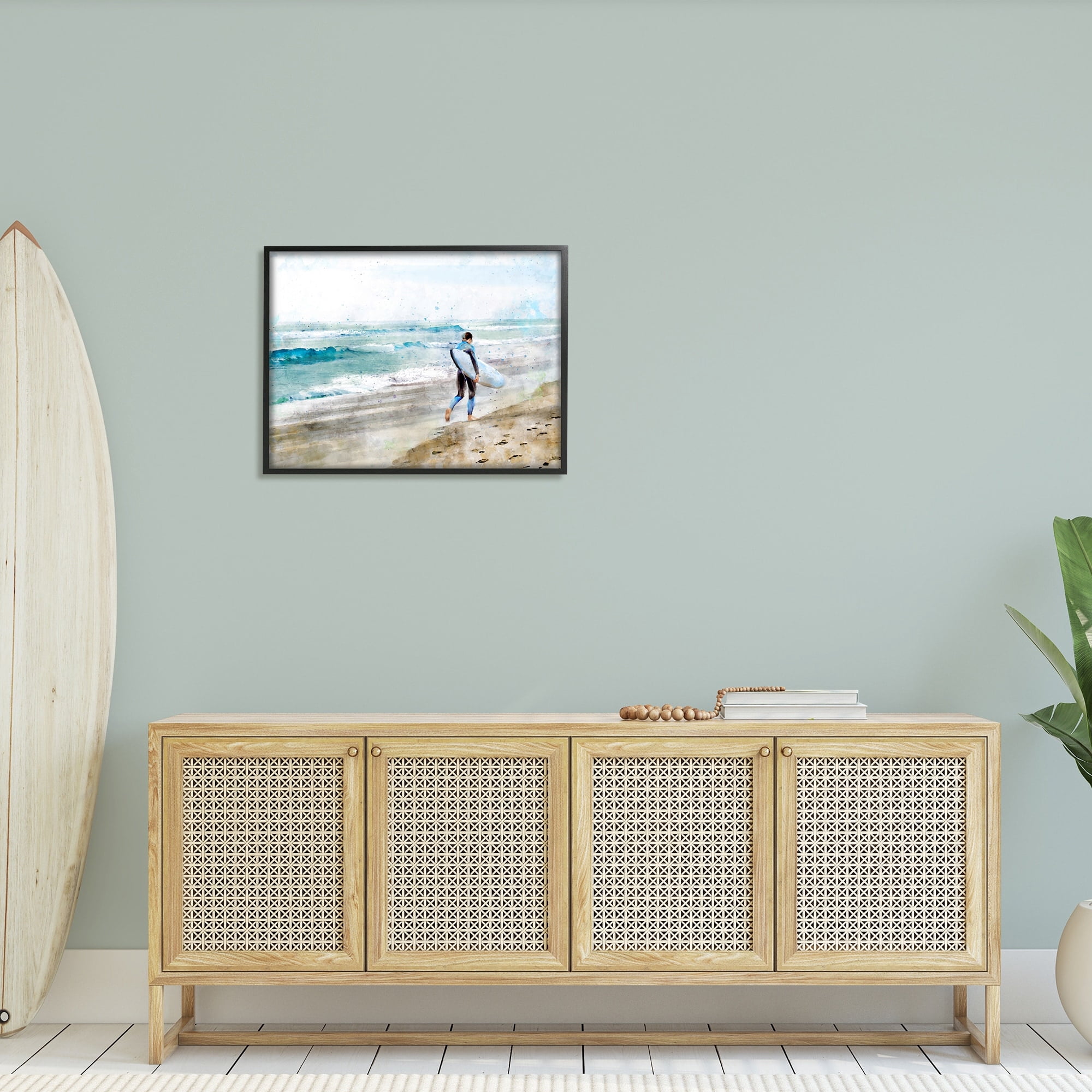 Stupell Industries Summer Surfer Walking Coast Incoming Tide Sandy Footprints, 30 x 24,Design by Ziwei Li
