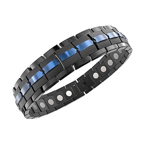 ProExl Mens Magnetic Titanium Bracelet Carbon Black Blue for Arthritis and Carpel Tunnel, Size Adjuster, Gift Box (7.5)