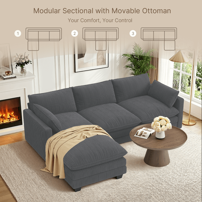 110'' Oversized L Shaped Corduroy Cloud Couches with Ottoman and