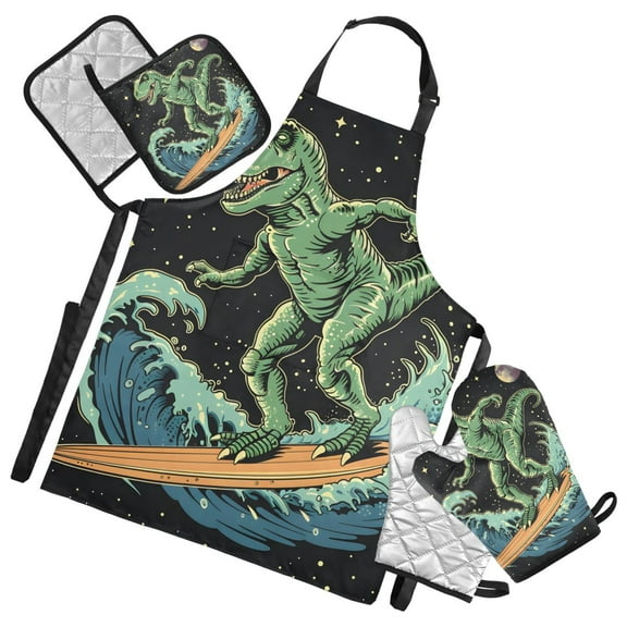 Cool Dinosaur in Space 5 Pcs Kitchen Set Heat Resistant Oven Mitts and Non-Slip Pot Holders with Adjustable Cooking Apron