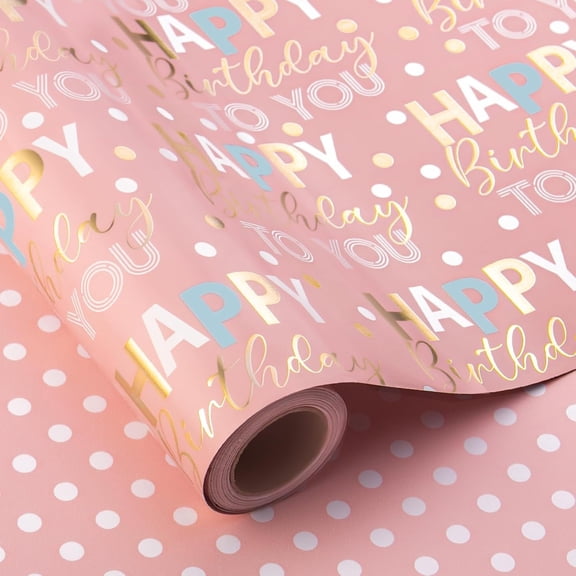 HOMERAL Reversible Pink Birthday Wrapping Paper Roll - 17 Inch X 33 Feet - Glitter Happy Birthday Lettering Metallic Foil Paper Girl Gift Wrap w/Polka Dot for Holiday Party Baby Shower Mother's Day