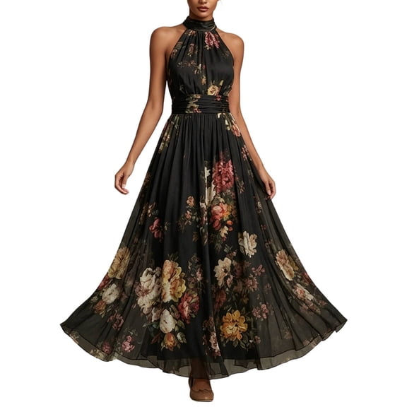 Wxolcjlv Vintage Floral Maxi Dress for Women Halter Neck Sleeveless Flared Formal Long Gown