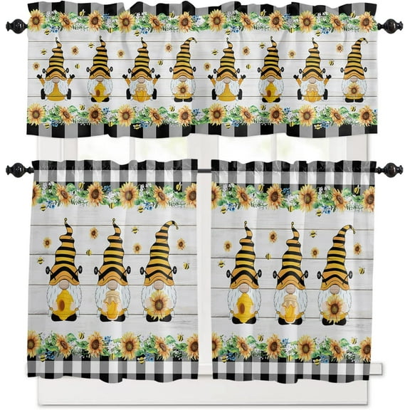 3 Piece Kitchen Curtains Tiers and Valances Set, Farm Retro Newspaper Sunflower Dragonfly Bee Rod Pocket Short Window Treatment Tiers Curtains Panel and Valance for Cafe Bathroom