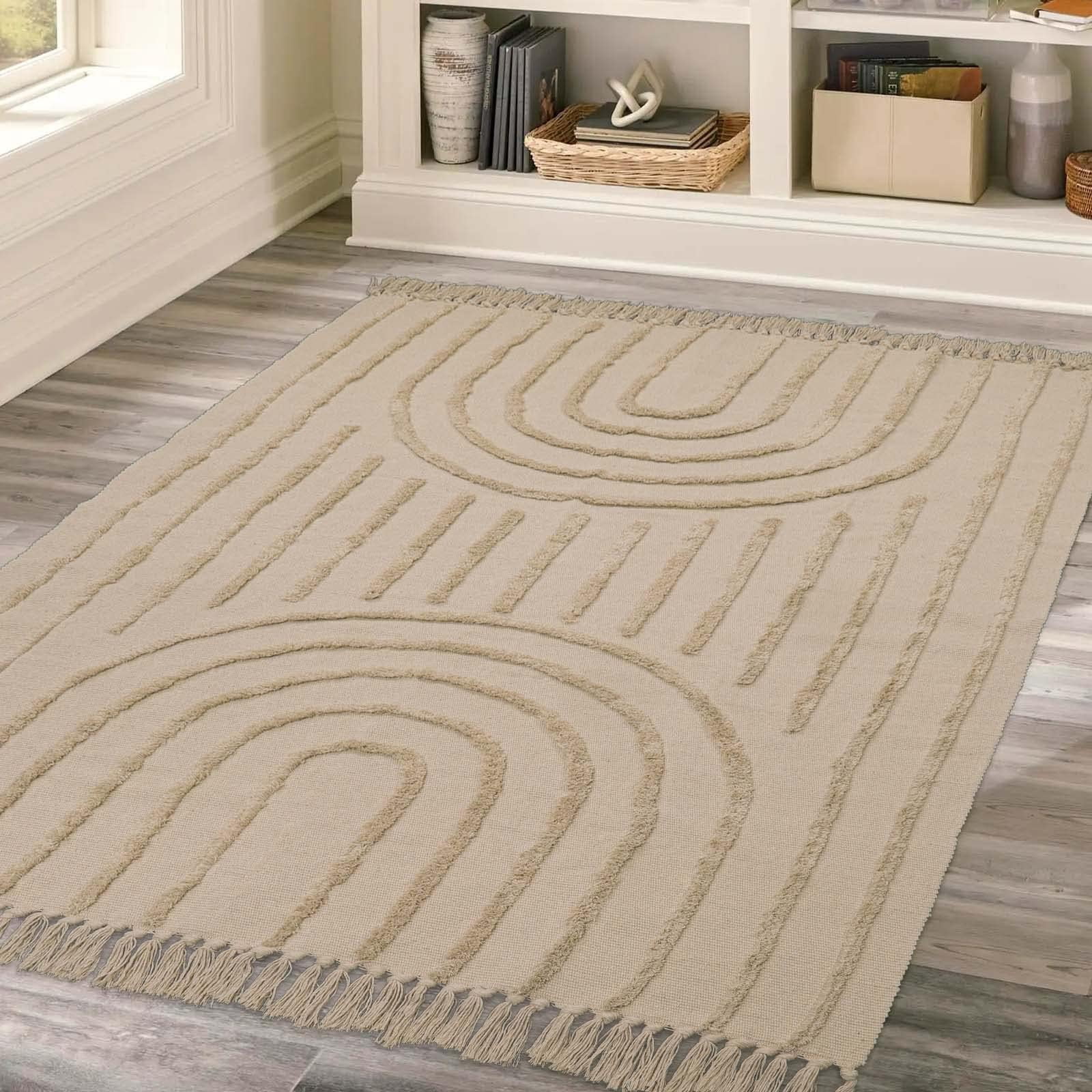 SUNDEREY Modern Rainbow Area Rug,4'x6' Washable Bedroom Rugs,Boho Woven Floor Carpet With Tassel, Modern Farmhouse Tufted Rug For Living Dining Room Kitchen Entryway Bathroom,Khaki