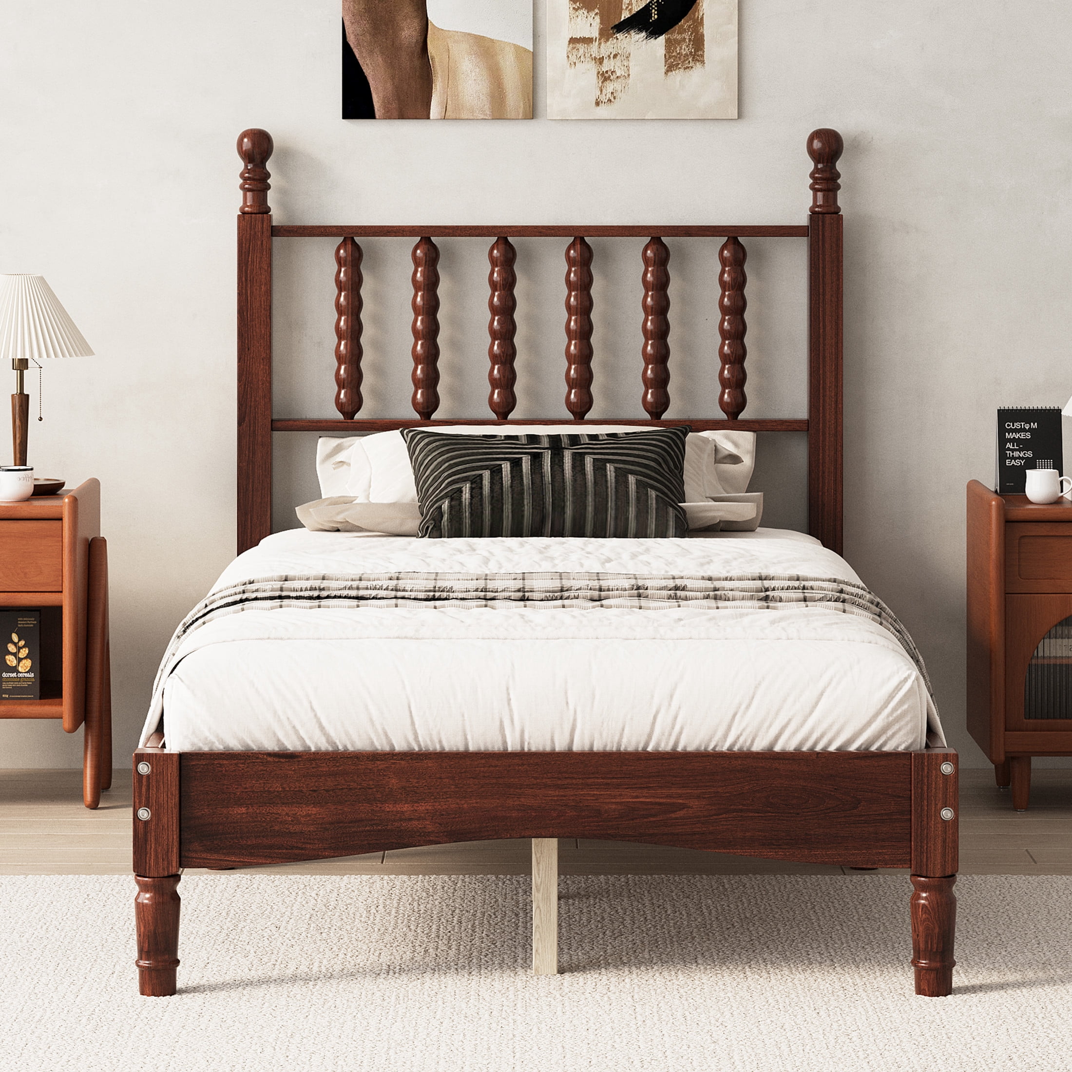 Noble House Twin Size Platform Bed with Gourd Shaped Headboard, Wooden Slat Support, Walnut